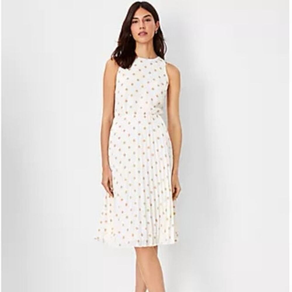 Ann Taylor Cream/Tan Polka Dot Pleated Fit and Flare Sleeveless Midi Dress - 8